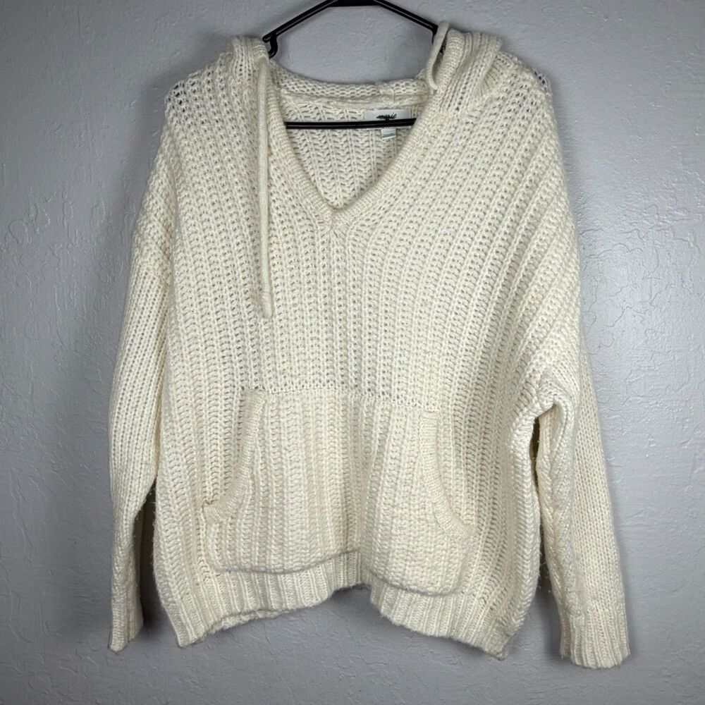 Aerie Women’s XS Ivory Chunky Knit Hooded Sweater Kangaroo Pocket Cozy Pullover